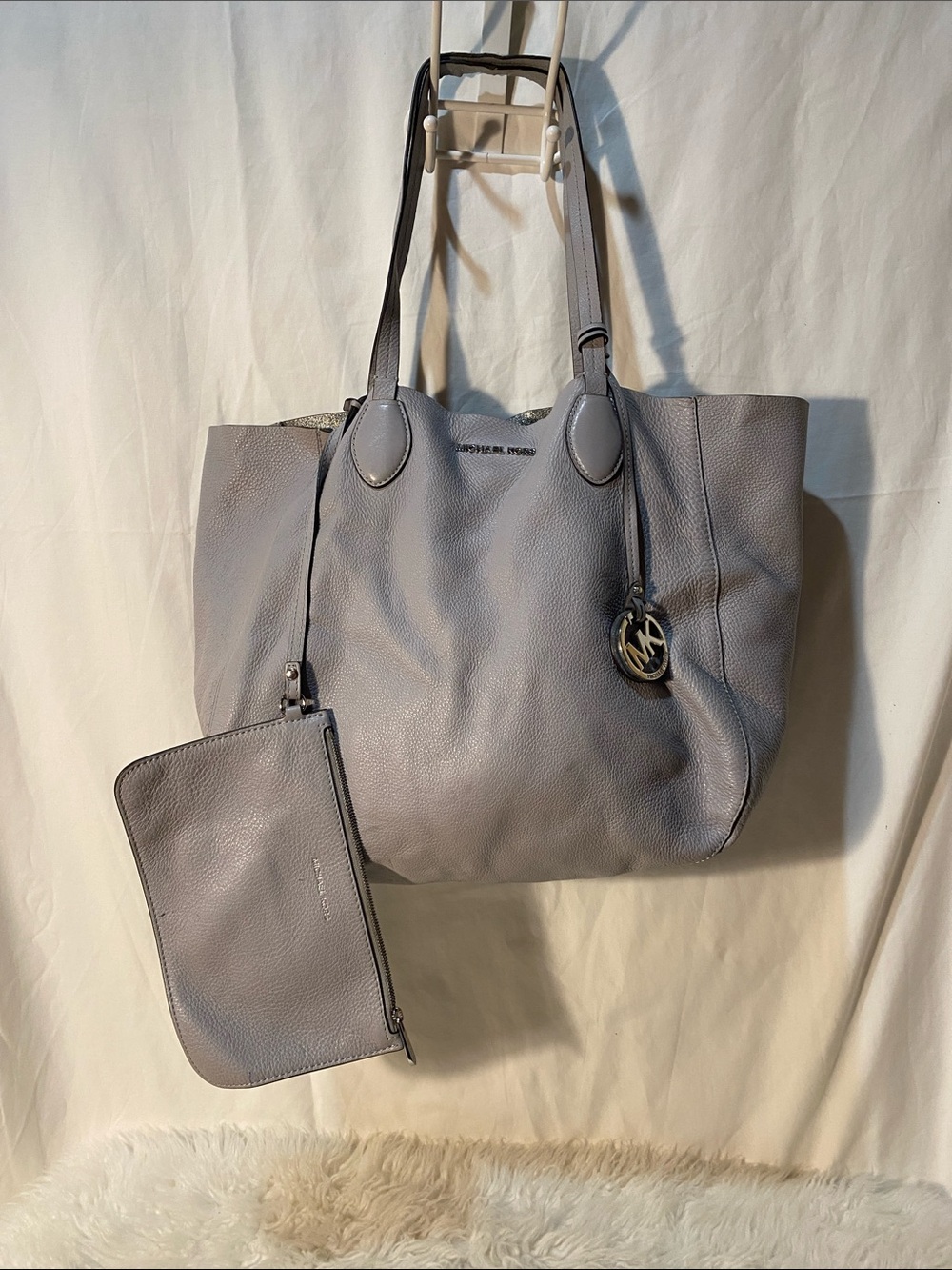 Michael Kors Mae Light Gray Pebbled Leather Reversible Tote and pouch